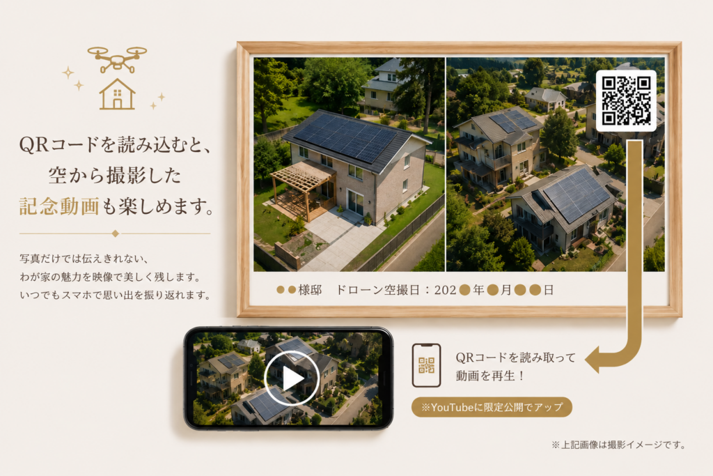 QRコードから空撮動画を再生できるドローン空撮フォトフレームのイメージ